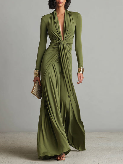 🌸 Olive Green Long Elastic Silk Dress with Deep V-Neck and Ruched Details, Glamorous Maxi Dress