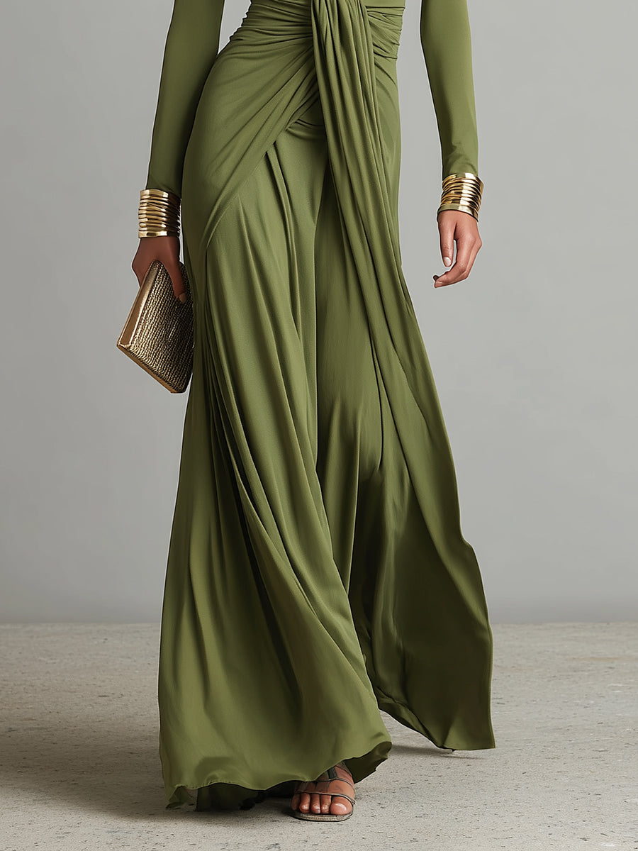 🌸 Olive Green Long Elastic Silk Dress with Deep V-Neck and Ruched Details, Glamorous Maxi Dress