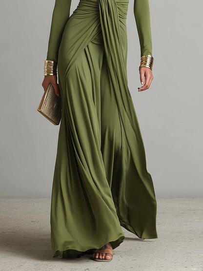 🌸 Olive Green Long Elastic Silk Dress with Deep V-Neck and Ruched Details, Glamorous Maxi Dress