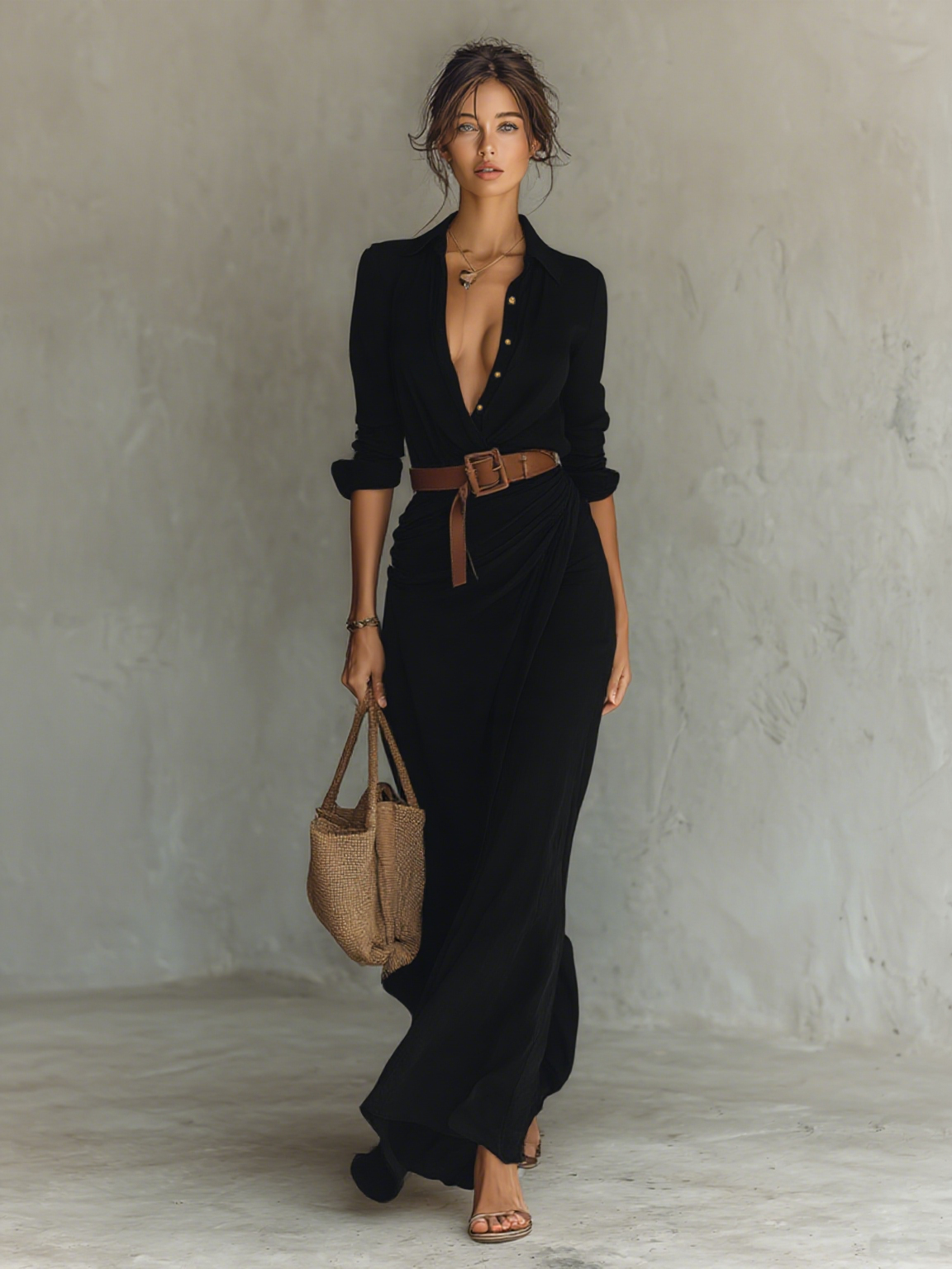 Maxi Long Dress with Lapel Collar and Long Sleeves