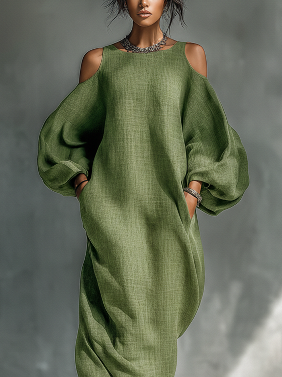 Veronica | Women’s light green off-shoulder maxi dress with oversized puff sleeves and side pockets