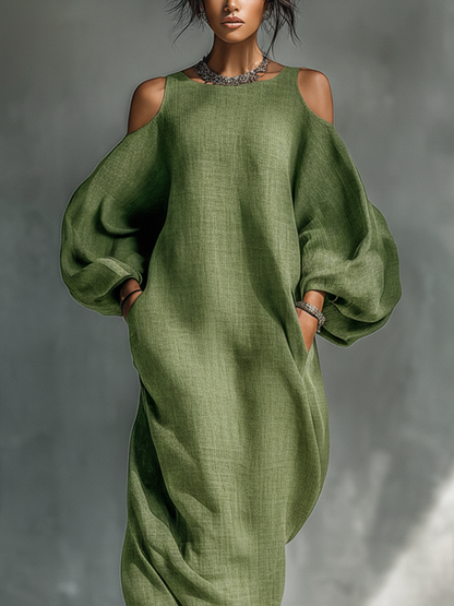 Veronica | Women’s light green off-shoulder maxi dress with oversized puff sleeves and side pockets