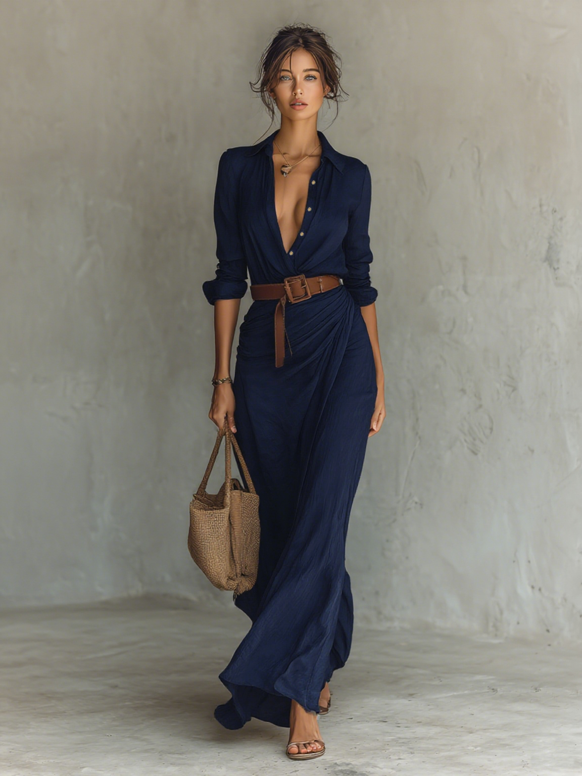 ESSENTIAL - Maxi Long Dress with Lapel Collar and Long Sleeves for Women