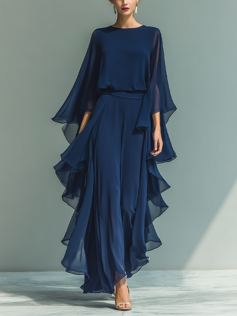 🌸  Navy Blue Chiffon Top Set with Flared Sleeves and Straight-Leg Pants with Ruched Details