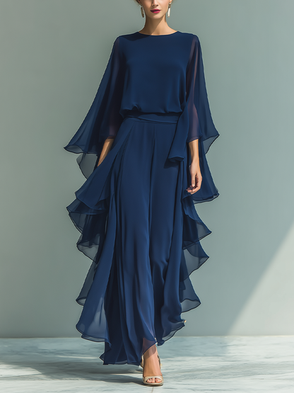 🌸  Navy Blue Chiffon Top Set with Flared Sleeves and Straight-Leg Pants with Ruched Details