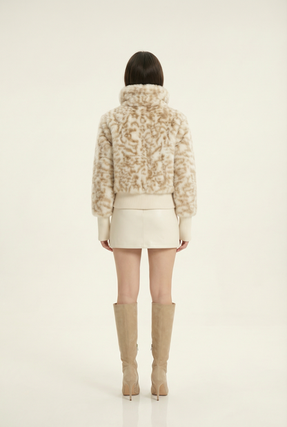 Julie Short Jacket with Stand Collar – Beige & Brown