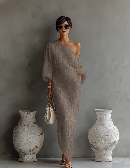 🌸 Elegant Flowing Cotton-Linen Dress in Ivory White with One-Shoulder Design