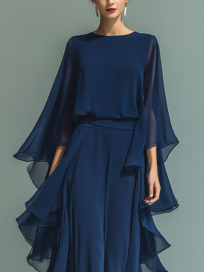 🌸  Navy Blue Chiffon Top Set with Flared Sleeves and Straight-Leg Pants with Ruched Details
