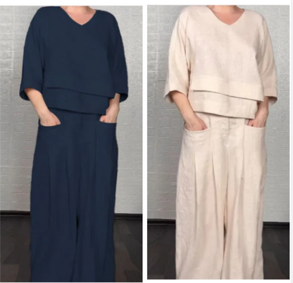 Liza | 2-piece cotton-linen set – V-neck top and wide-leg trousers • S1