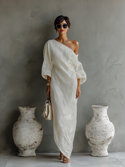 🌸 Elegant Flowing Cotton-Linen Dress in Ivory White with One-Shoulder Design