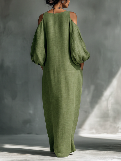 Veronica | Women’s light green off-shoulder maxi dress with oversized puff sleeves and side pockets