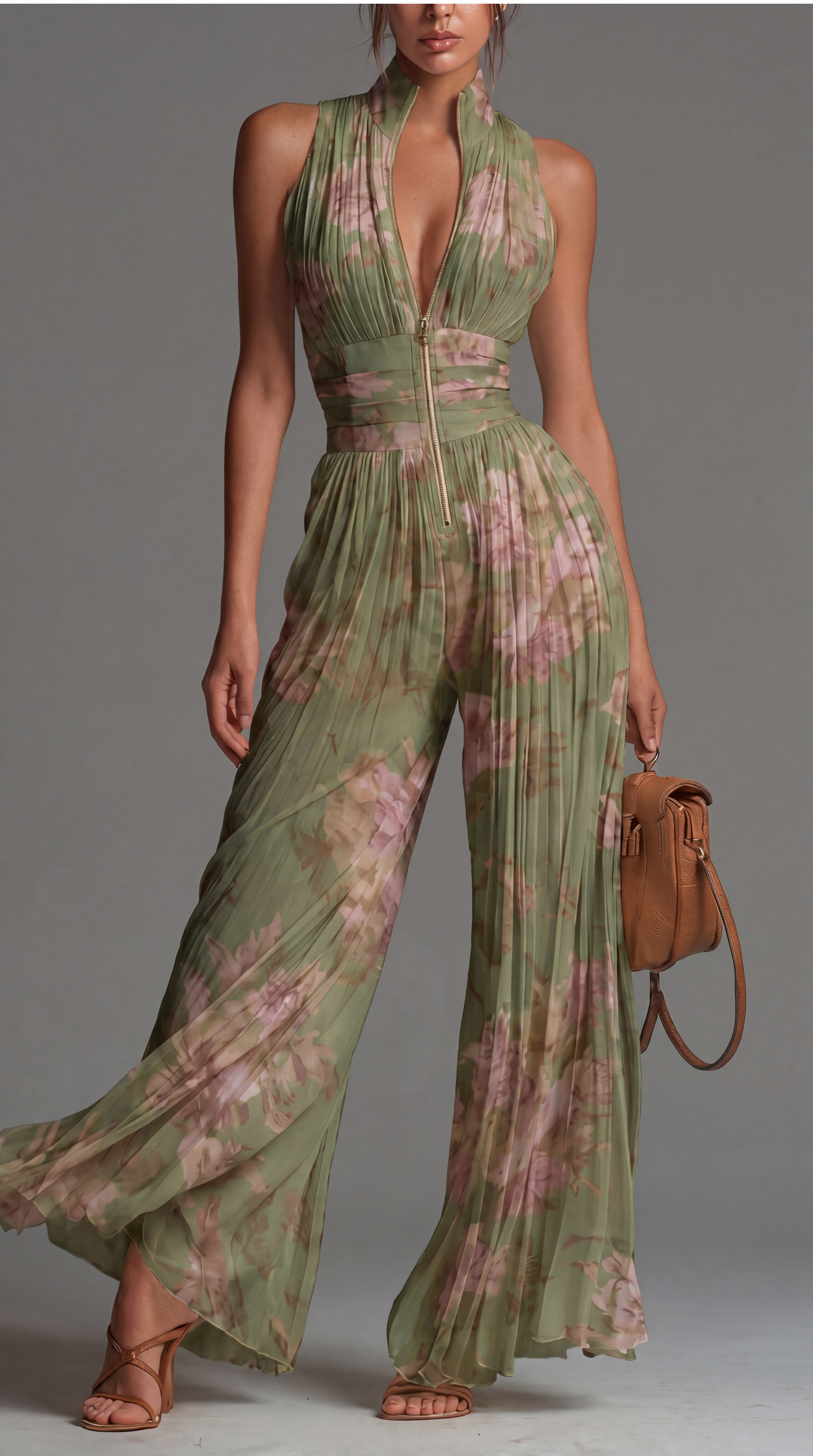 Vivienne pleated chiffon jumpsuit in green