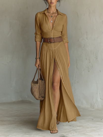 Long Maxi Dress with Notched Lapel Collar and Long Sleeves • S2