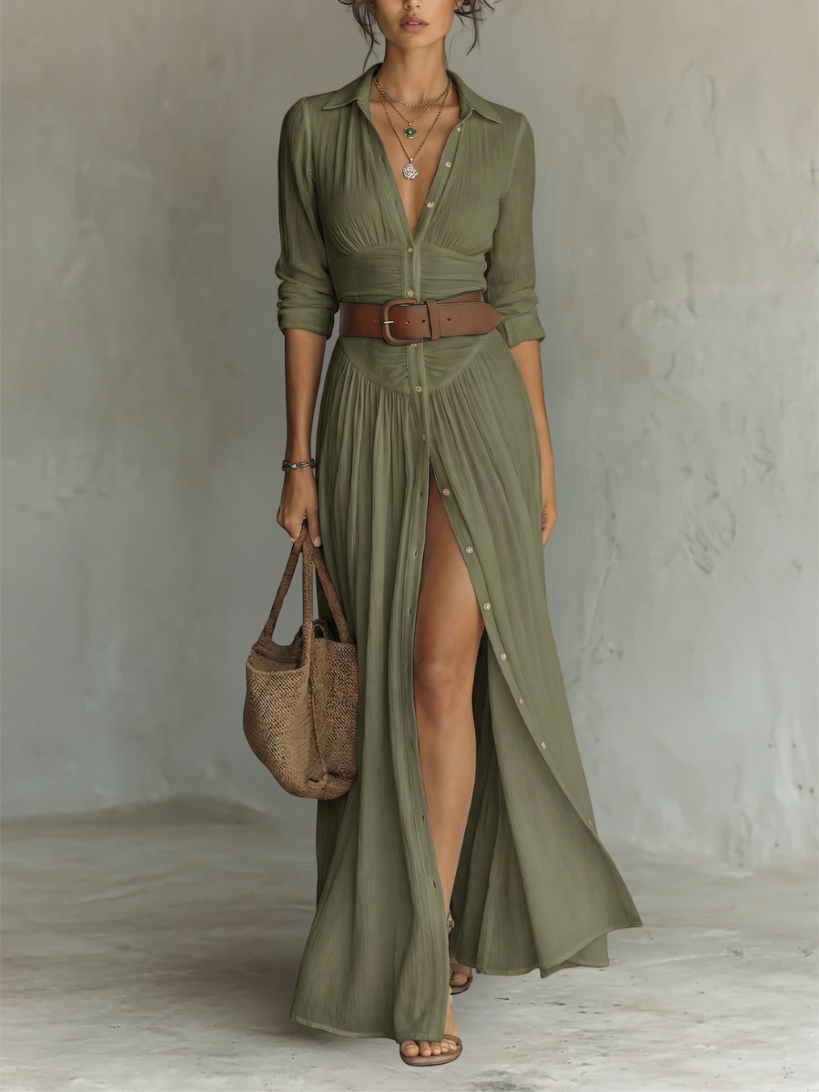 Long Maxi Dress with Notched Lapel Collar and Long Sleeves • S2