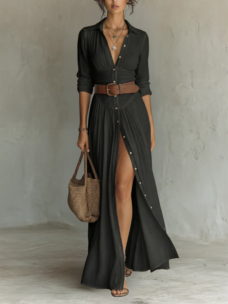Long Maxi Dress with Notched Lapel Collar and Long Sleeves • S2