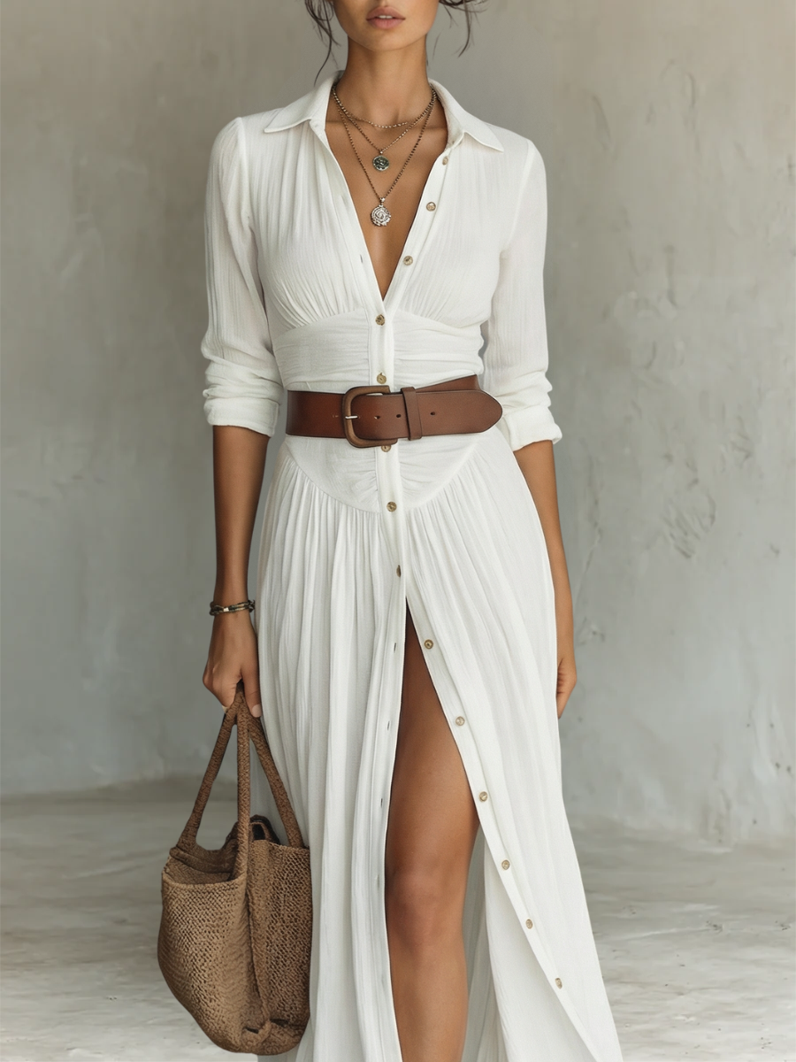 Long Maxi Dress with Notched Lapel Collar and Long Sleeves • S2