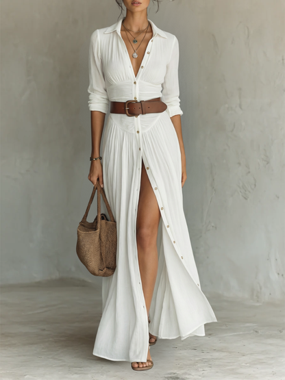 Long Maxi Dress with Notched Lapel Collar and Long Sleeves • S2