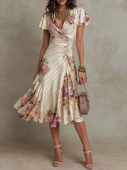 ESSENTIAL - Alba | Elegant Retro Floral Satin Midi Dress ✨