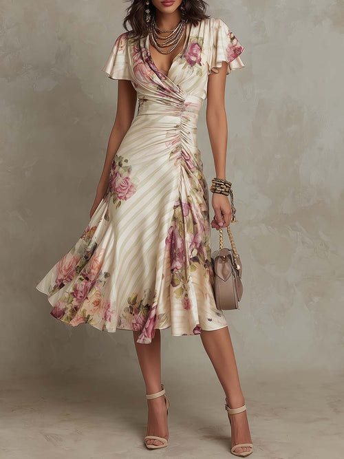 ESSENTIAL - Alba | Elegant Retro Floral Satin Midi Dress ✨