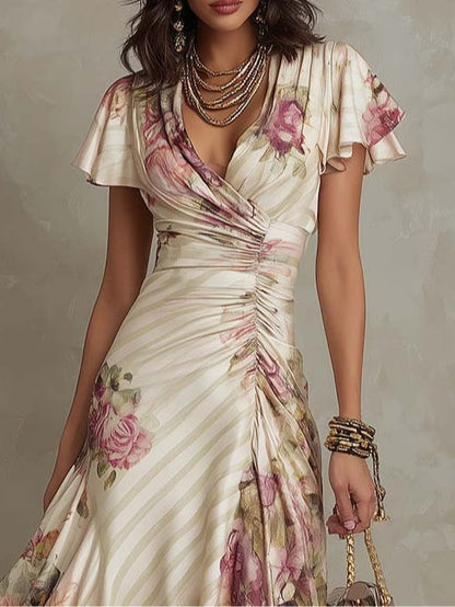 ESSENTIAL - Alba | Elegant Retro Floral Satin Midi Dress ✨