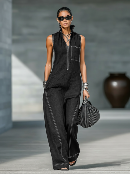 🌸 Minimalist Sleeveless Women's Jumpsuit with White Trim