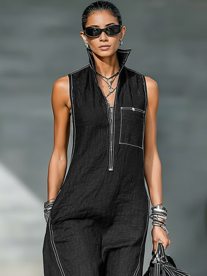 🌸 Minimalist Sleeveless Women's Jumpsuit with White Trim