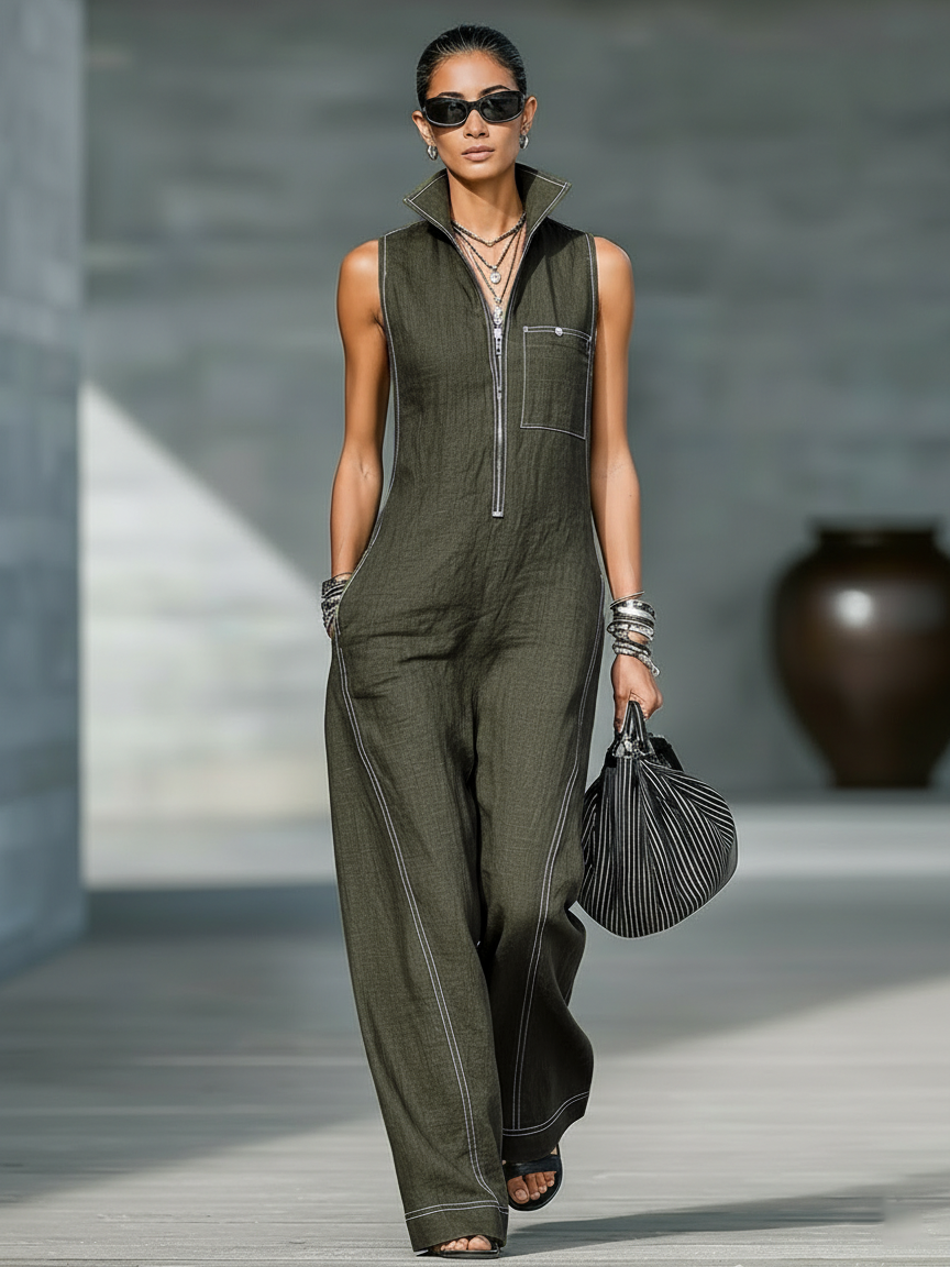 🌸 Minimalist Sleeveless Women's Jumpsuit with White Trim