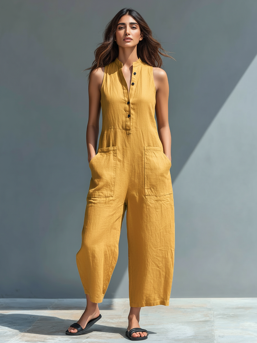 🌸  Women's Minimalist Sleeveless Linen-Blend Jumpsuit with High Collar and Buttons