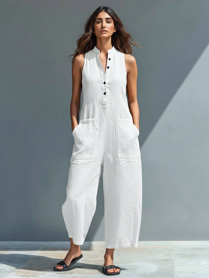 🌸  Women's Minimalist Sleeveless Linen-Blend Jumpsuit with High Collar and Buttons