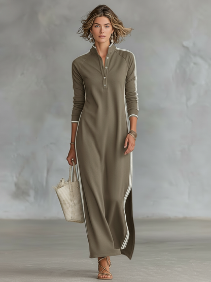 🌸  Women's Maxi Sweatshirt Dress with Button-Down Collar and White Trim