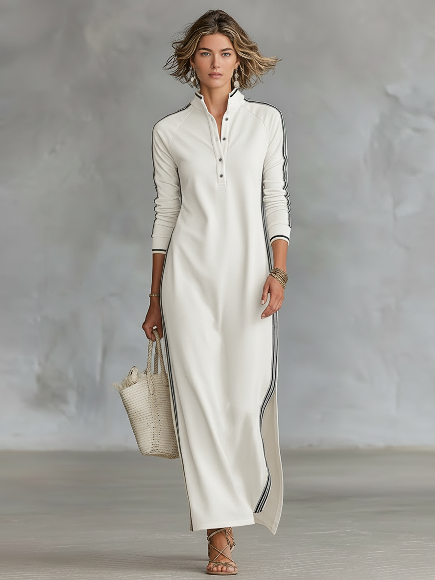 🌸  Women's Maxi Sweatshirt Dress with Button-Down Collar and White Trim