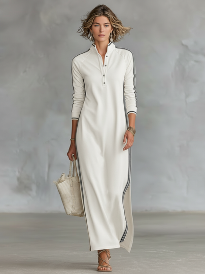 🌸  Women's Maxi Sweatshirt Dress with Button-Down Collar and White Trim