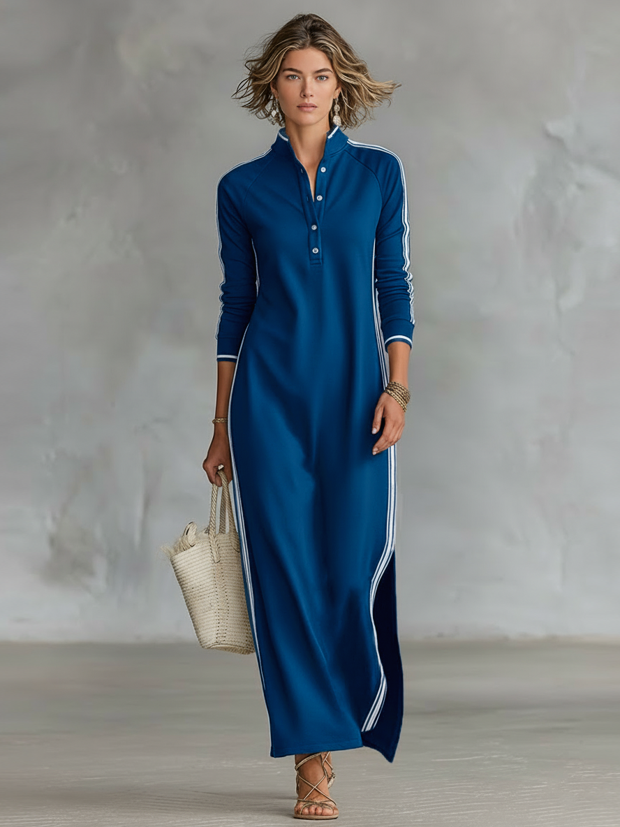 🌸  Women's Maxi Sweatshirt Dress with Button-Down Collar and White Trim