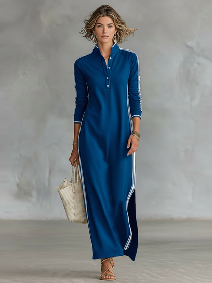 🌸  Women's Maxi Sweatshirt Dress with Button-Down Collar and White Trim