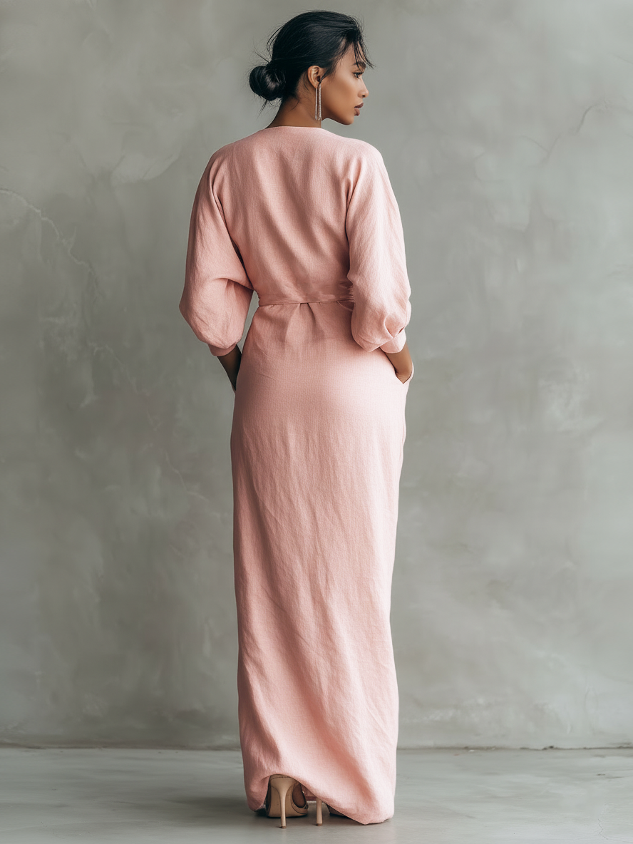 🌸 Women's Minimalist Maxi Dress in Pink with V-Neck, Linen Blend