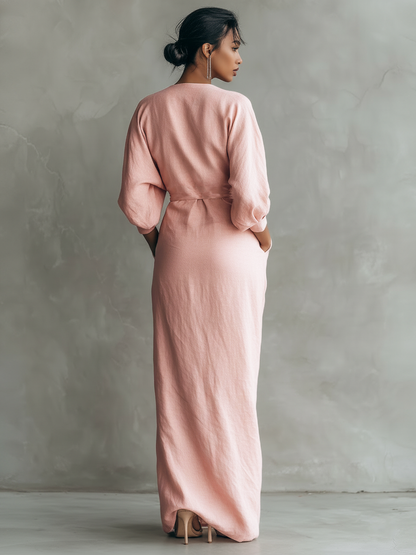 🌸 Women's Minimalist Maxi Dress in Pink with V-Neck, Linen Blend