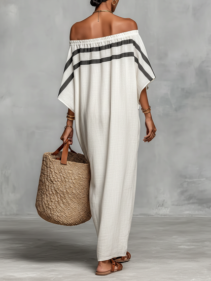 🌸 Women's Minimalist Linen Maxi Dress with Off-the-Shoulder Batwing Sleeves