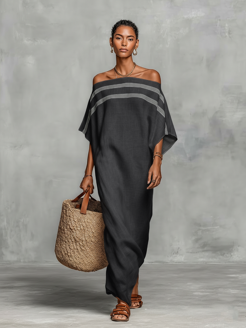 🌸 Women's Minimalist Linen Maxi Dress with Off-the-Shoulder Batwing Sleeves