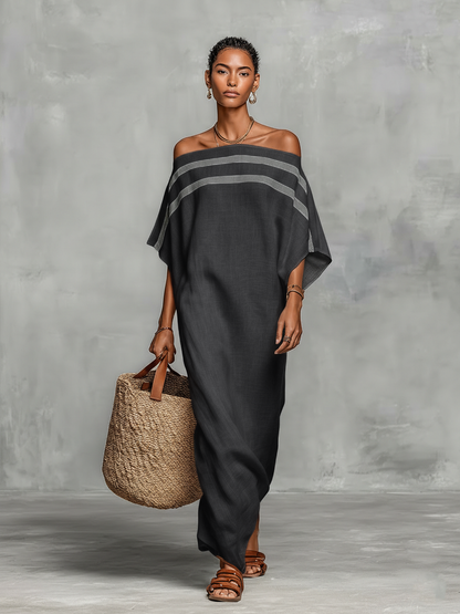 🌸 Women's Minimalist Linen Maxi Dress with Off-the-Shoulder Batwing Sleeves