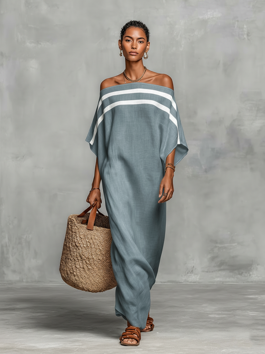 🌸 Women's Minimalist Linen Maxi Dress with Off-the-Shoulder Batwing Sleeves