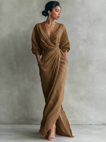 🌸 Women's Minimalist Maxi Dress in Pink with V-Neck, Linen Blend