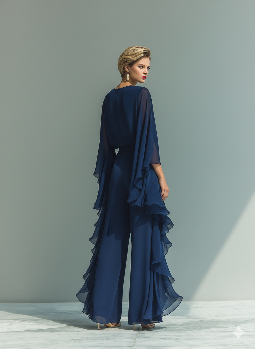🌸  Navy Blue Chiffon Top Set with Flared Sleeves and Straight-Leg Pants with Ruched Details