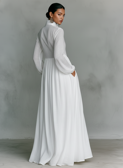 ESSENTIAL - Maxi Minimalist Dress in Cotton & Linen with Patchwork, High Collar and Long Sleeves