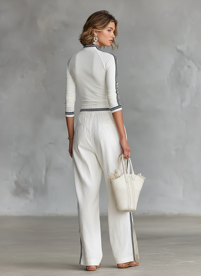 🌸 Women's Two-Piece Set: Long-Sleeve Sports T-Shirt with Mock Neck and Wide-Leg Drawstring Pants