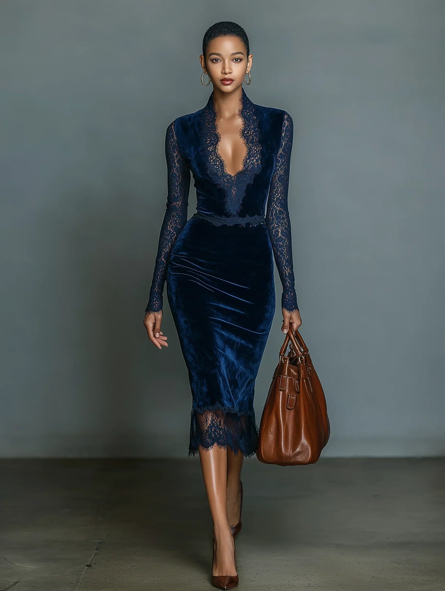 Elegant & Fashionable Dark Blue Velvet Slim-Fit Midi Dress for Women with V-Neck Lace Detail and Sleeves 🖤