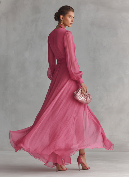 🌸 Elegant Pink Chiffon Maxi Dress with Pearls and V-Neck for Women