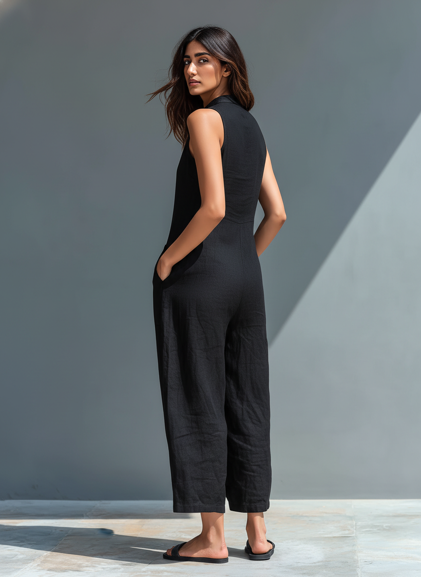 🌸  Women's Minimalist Sleeveless Linen-Blend Jumpsuit with High Collar and Buttons