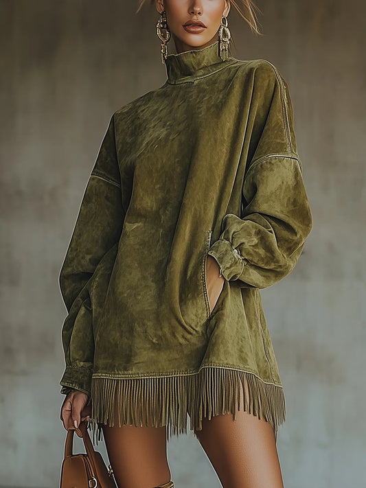 Amalia | High-Neck Suede Fringe Dress 🖤