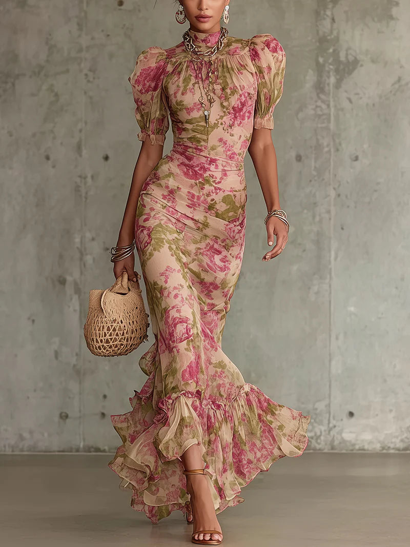 Fiora | Vintage Rose Print Maxi Dress with Puff Sleeves
