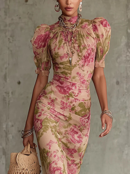 Fiora | Vintage Rose Print Maxi Dress with Puff Sleeves